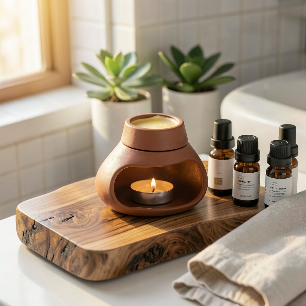Black and clay ceramic wax melt burners styled with essential oil bottles, modern organic bathroom décor — ShowerNest Australia