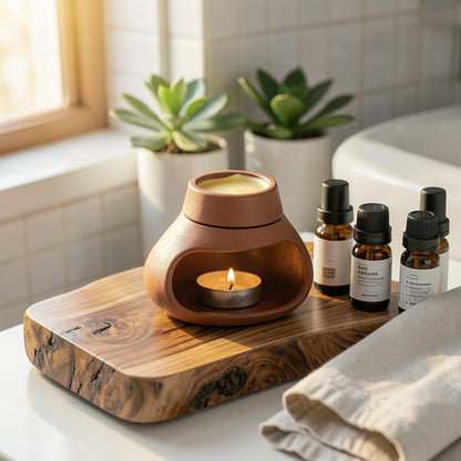 Black and clay ceramic wax melt burners styled with essential oil bottles, modern organic bathroom décor — ShowerNest Australia