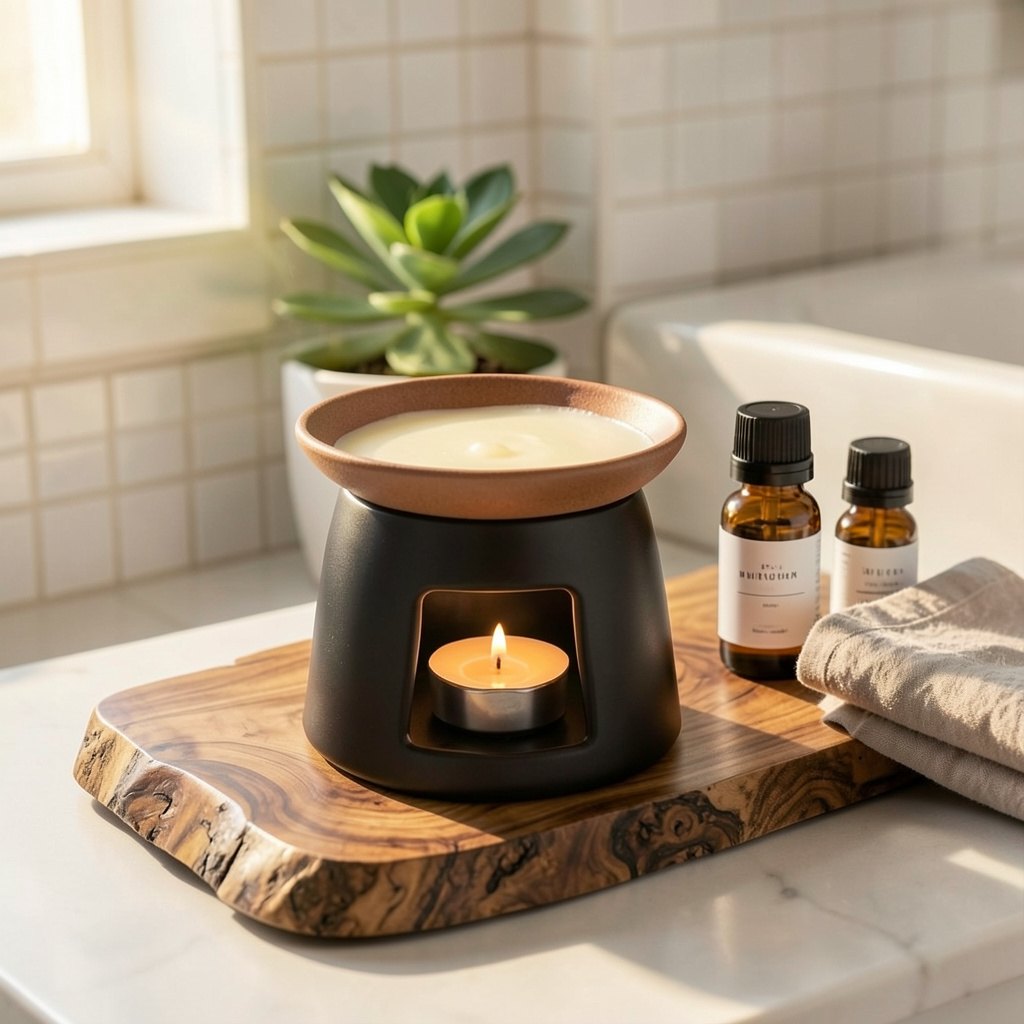 Ceramic wax melts burner with lit tealight candle on rustic wooden board next to essential oil bottles, bathroom aromatherapy ritual — ShowerNest Australia