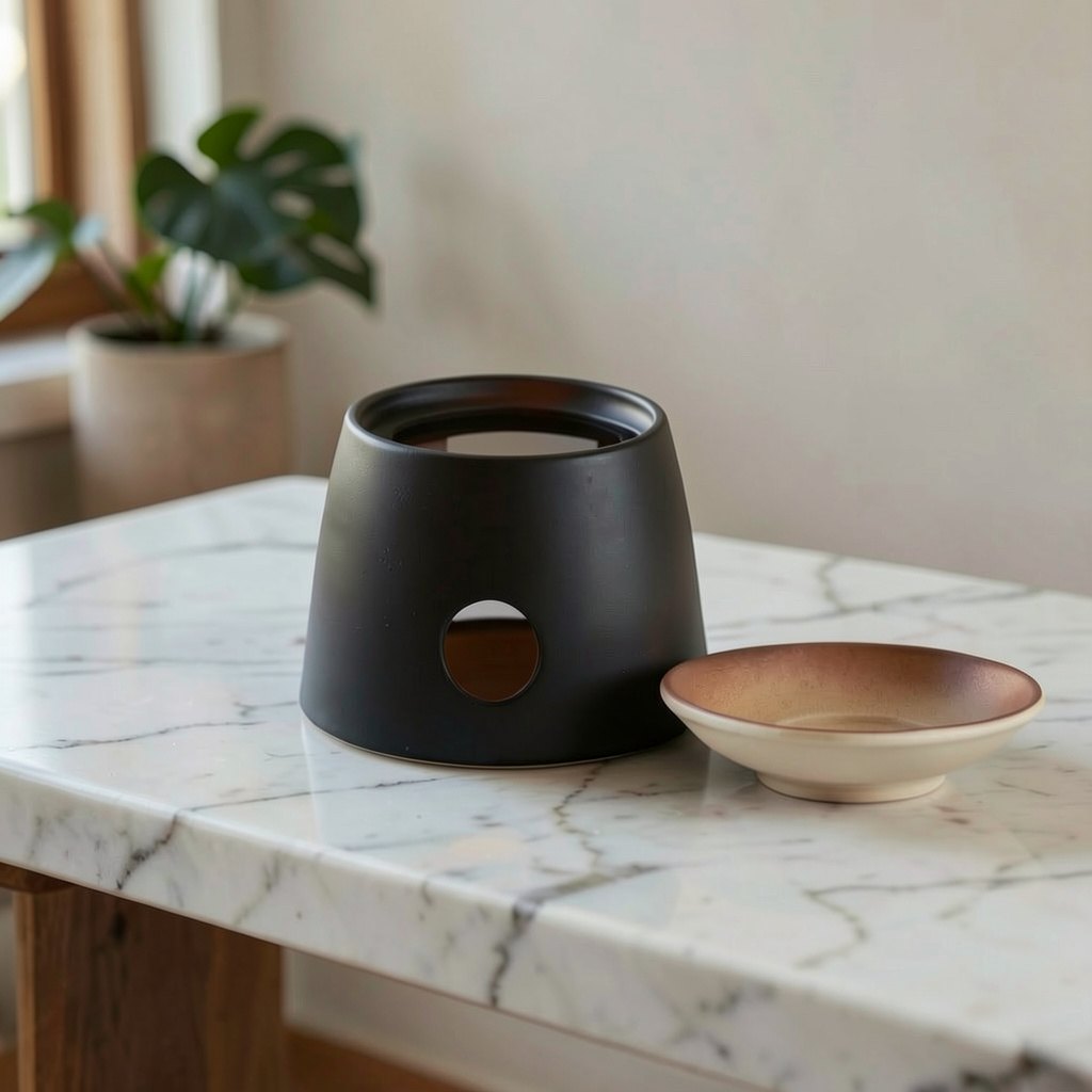 A matte black ceramic candle holder with a circular cutout, displayed on a white marble table next to a small beige and brown ceramic dish in a softly lit indoor setting.