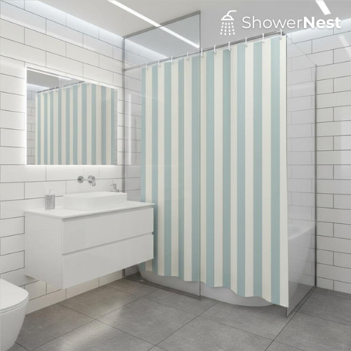 Blue and White Striped Shower Curtain – Waterproof Fabric
