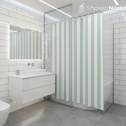 Blue and White Striped Shower Curtain – Waterproof Fabric