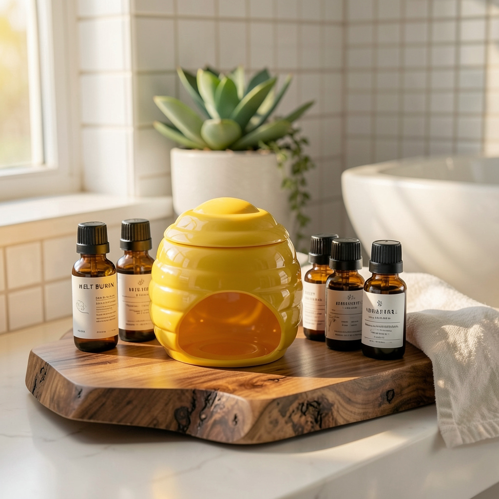 Bright yellow honeycomb wax melts burner shaped like a beehive on a wooden tray next to essential oil bottles - ShowerNest Australia