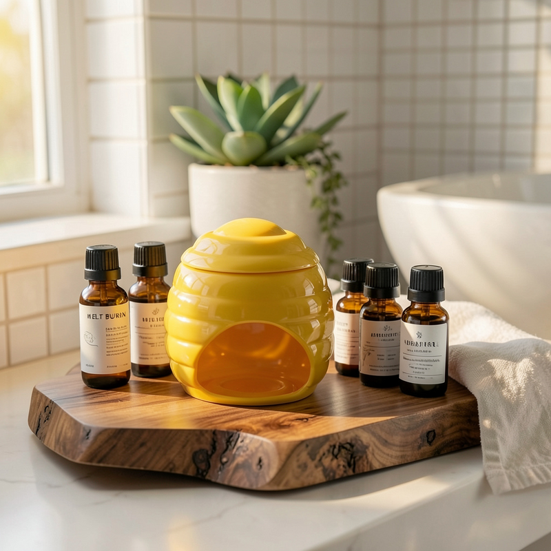 Bright yellow honeycomb-shaped ceramic wax melts burner on a wooden tray next to essential oil bottles