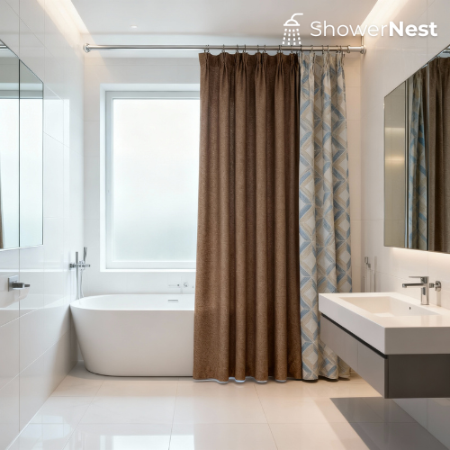 Brown Linen Shower Curtain – Modern  bathroom Textured Fabric Design