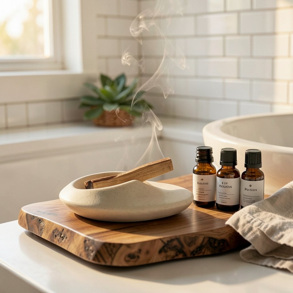 Ceramic Palo Santo holder with a smouldering wood stick on a wooden tray, bathroom cleansing and meditation ritual — ShowerNest Australia