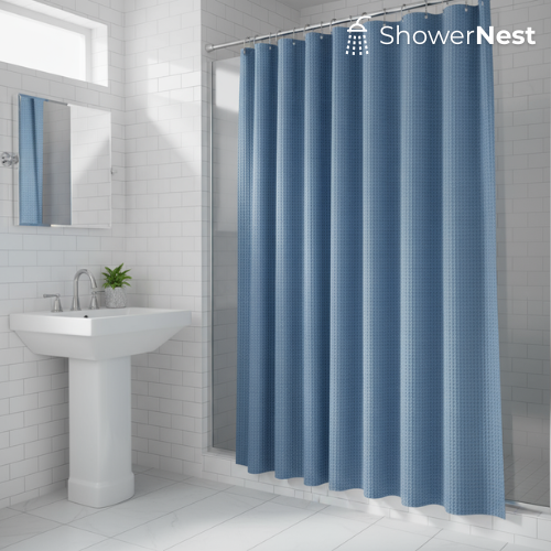 Clear Blue Extra Long Shower Curtain – Waffle Jacquard Design 