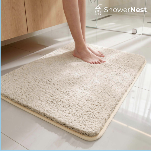 Cream thick shaggy non slip bath mat in a modern luxury bathroom by ShowerNest