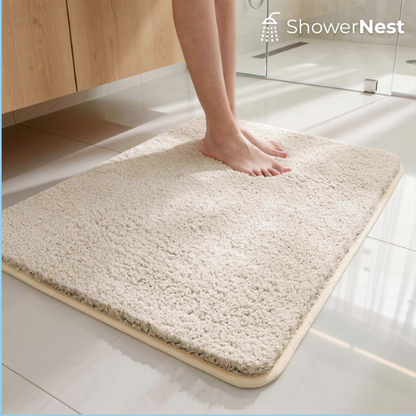 Cream thick shaggy non slip bath mat in a modern luxury bathroom by ShowerNest