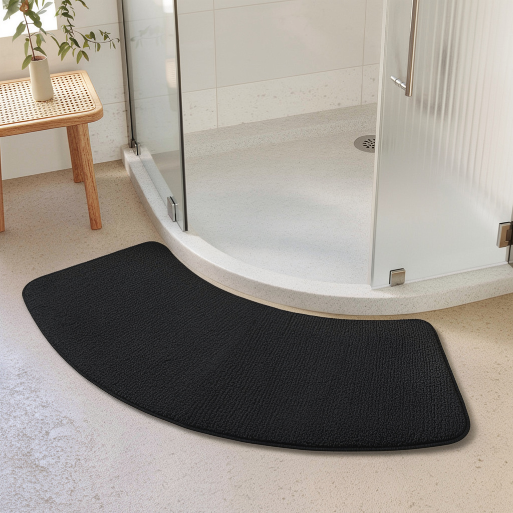 A curved black bath mat with a textured surface placed on a light beige bathroom floor in front of a glass shower door.