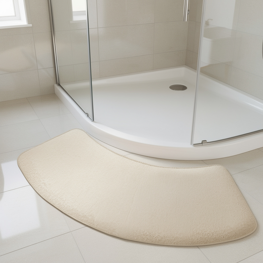 A curved beige bath mat placed on a white tiled floor in front of a modern glass shower enclosure.