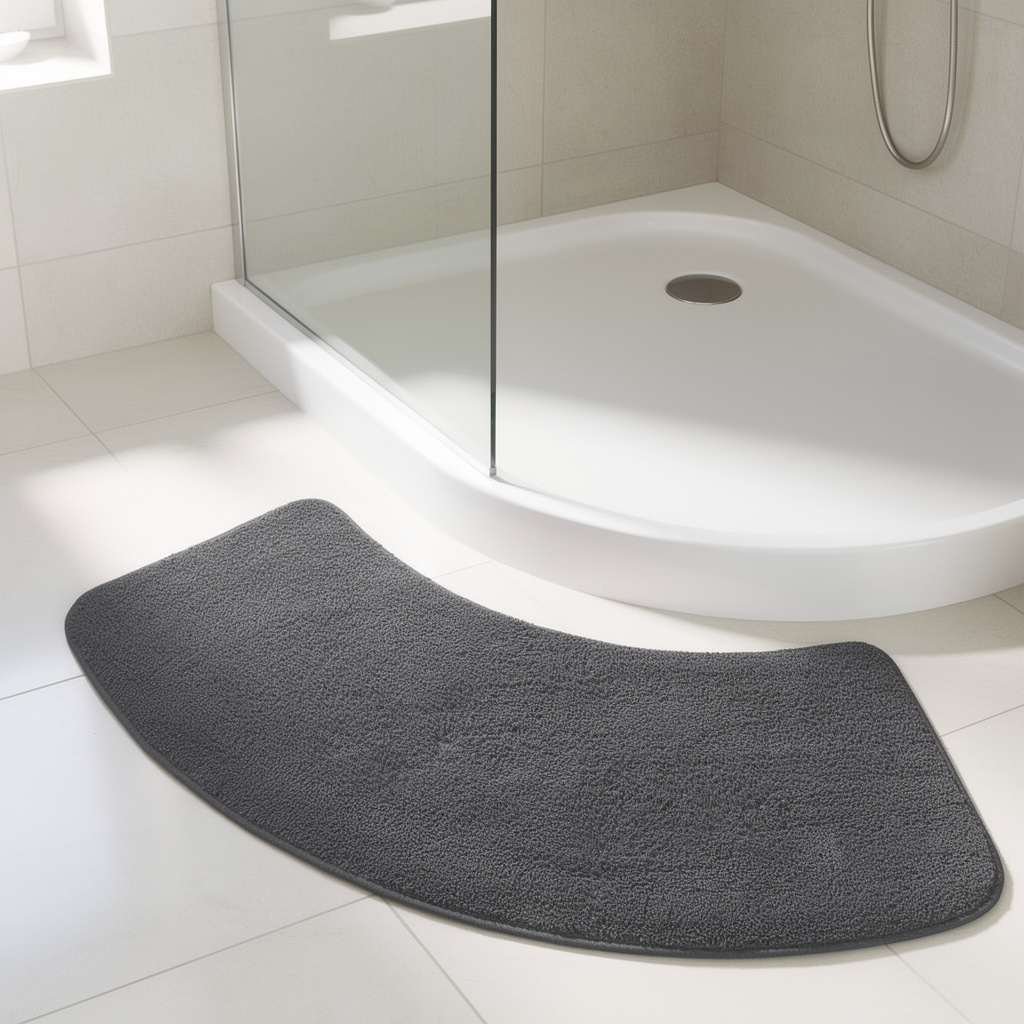 A dark gray curved bath mat placed on a white tiled floor in front of a white shower base with a glass door.