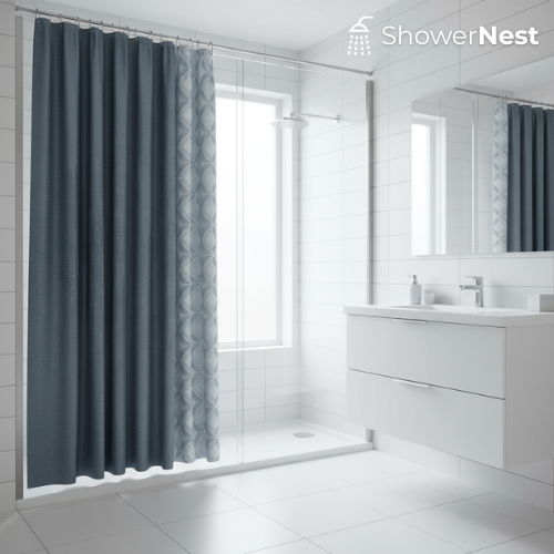 Dark Blue Linen Shower Curtain – Modern Textured Fabric Design