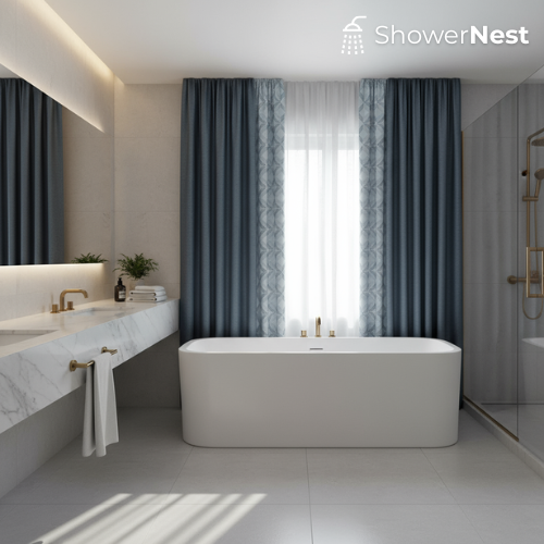 Dark Blue Linen Shower Curtain – Modern Textured Fabric 