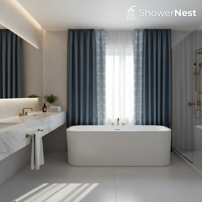 Dark Blue Linen Shower Curtain – Modern Textured Fabric 