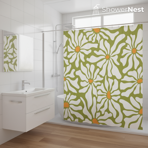 Green Shower Curtain – Olive Daisy Floral Design