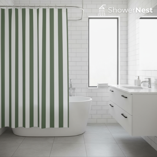 Green Shower Curtain – Rustic Farmhouse Vertical Stripes