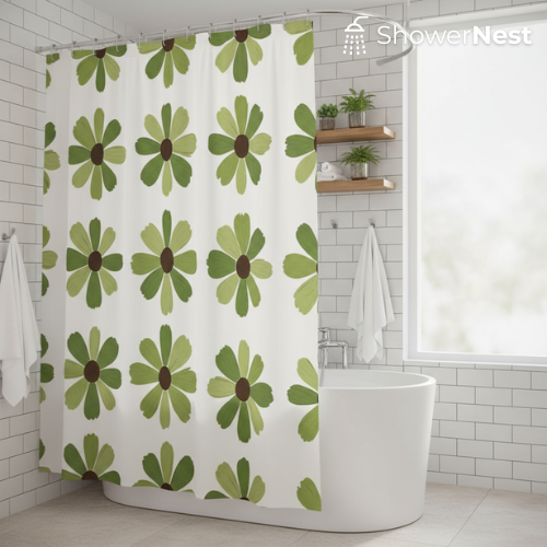 Green Shower Curtain – Vintage Daisy Mid-Century Design
