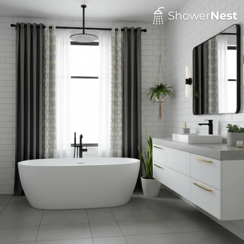 Grey Linen Shower Curtain – Modern Textured Fabric 