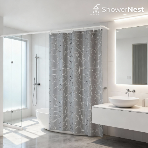 Grey and Silver Shower Curtain – Geometric Polyester 
