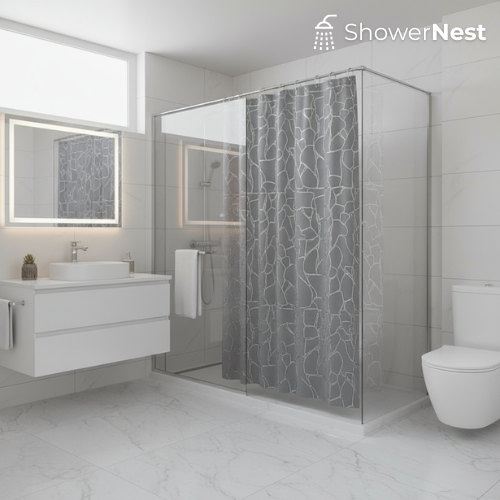 Grey and Silver Shower Curtain – Geometric Polyester Design | ShowerNest