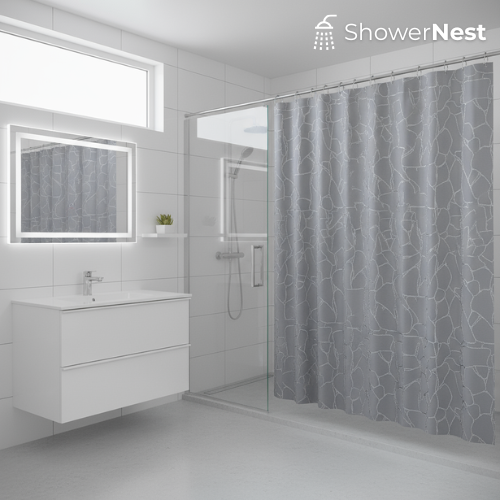 Grey and Silver Shower Curtain – Geometric Polyester Design | ShowerNest