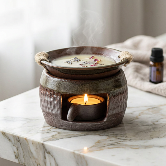Japanese ceramic wax melt burner with smoking wax and dried botanical petals on marble vanity -ShowerNest Australia