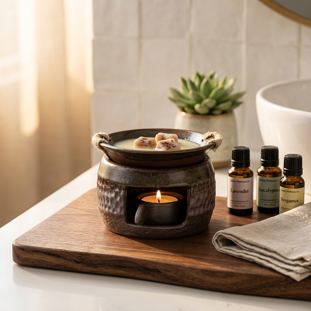 Japanese ceramic wax melt burner with smoking wax and dried botanical petals on wooden -ShowerNest Australia