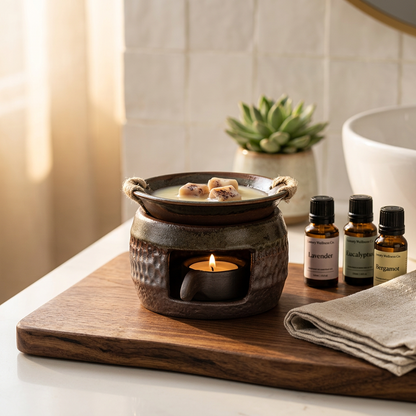 Japanese ceramic wax melt burner with smoking wax and dried botanical petals on wooden -ShowerNest Australia