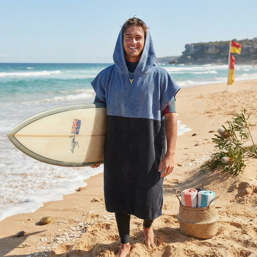 Man wearing a two-tone blue and dark surf poncho towel at the beach – ShowerNest