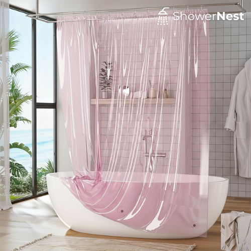 PEVA Pink Transparent Shower Curtain – Waterproof Liner with Magnets