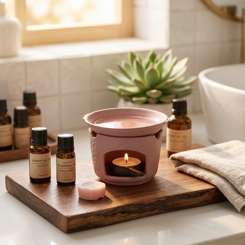 Pink Japanese ceramic wax melts burner with melting aromatherapy wax tarts and dried lavender buds