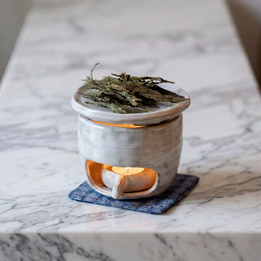Rustic ceramic candle wax melts burner on a blue fabric coaster with burning tealight candle and dried botanical herbs on the top dish, marble counter setting -  ShowerNest Australia