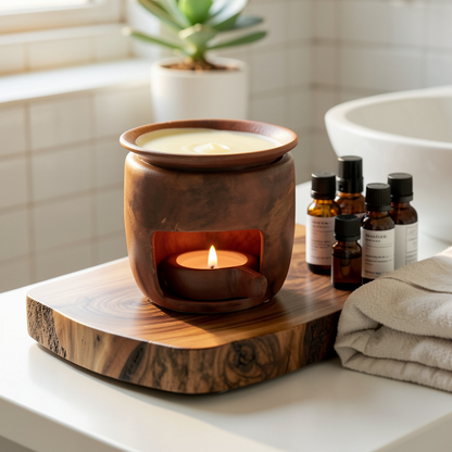 Rustic ceramic candle wax melts burner on a blue fabric coaster with burning tealight candle and dried botanical herbs on the top dish, marble counter setting - ShowerNest Australia