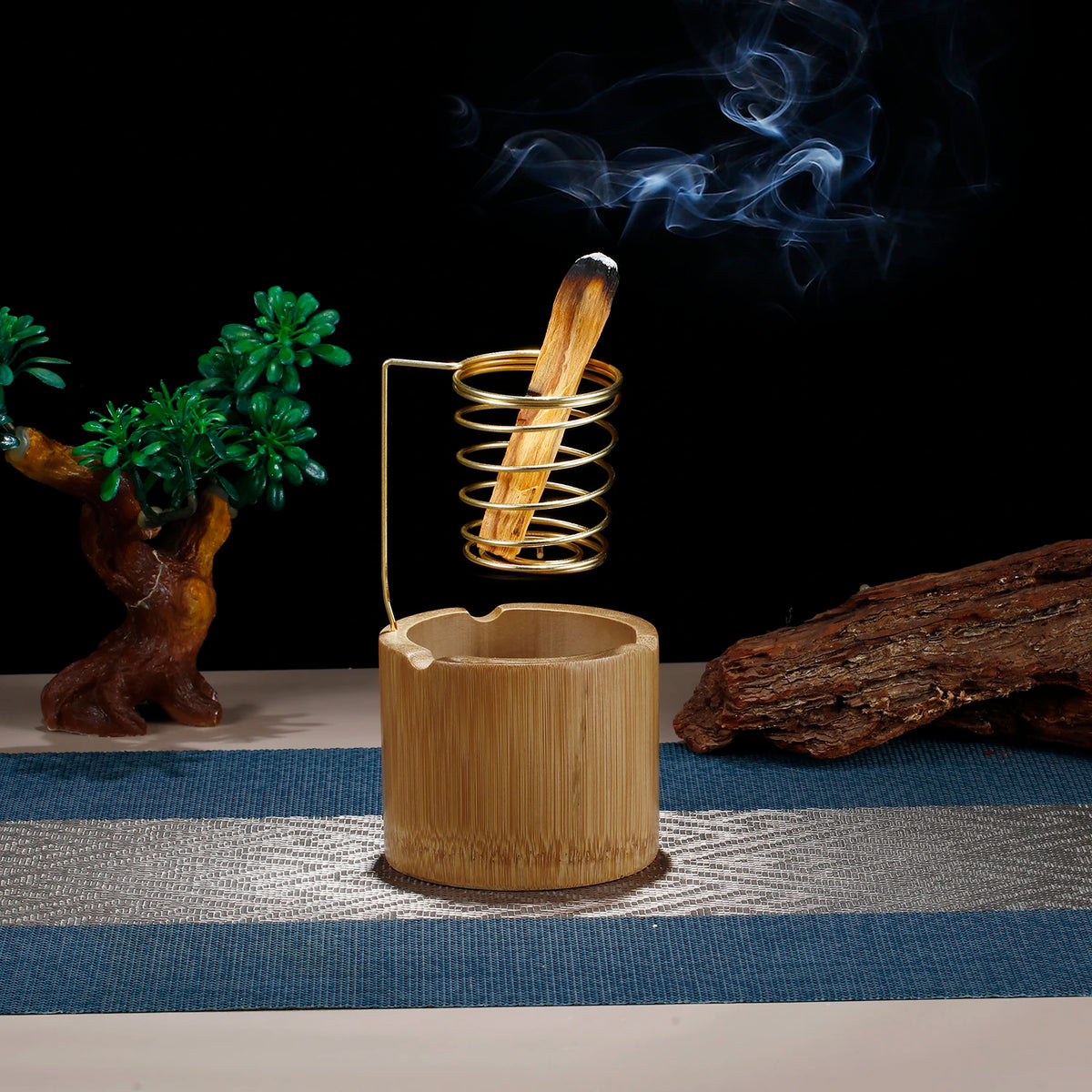 Spiral palo santo holder with bamboo ash cup main photo – ShowerNest Australia