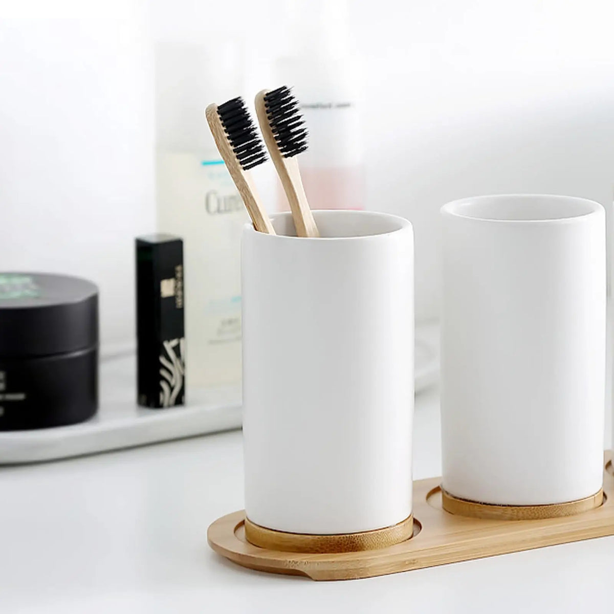 Matte ceramic soap dispenser set on bamboo tray fourth view – ShowerNest Australia