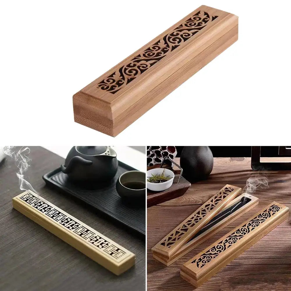 Bamboo incense holder box with carved lid sixth view – ShowerNest Australia