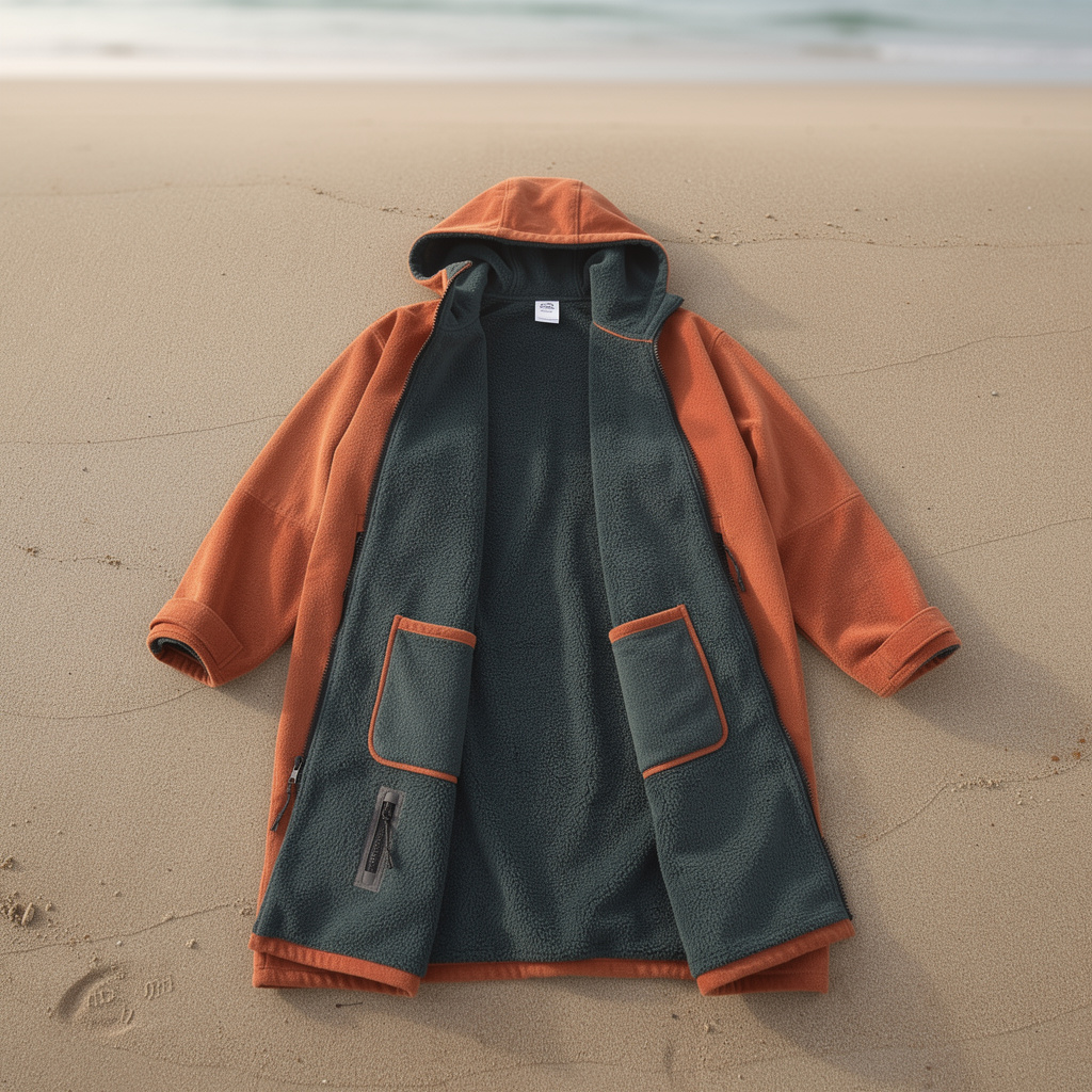 Orange surf changing robe laid open on sand showing the lining – ShowerNest Australia