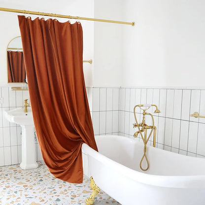 Caramel velvet shower curtain with gold ring hooks – view 3