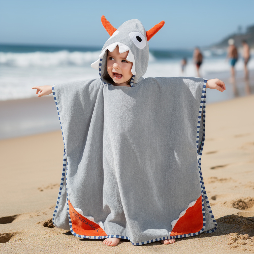 Child in a grey dinosaur hooded towel on the beach – ShowerNest Australia