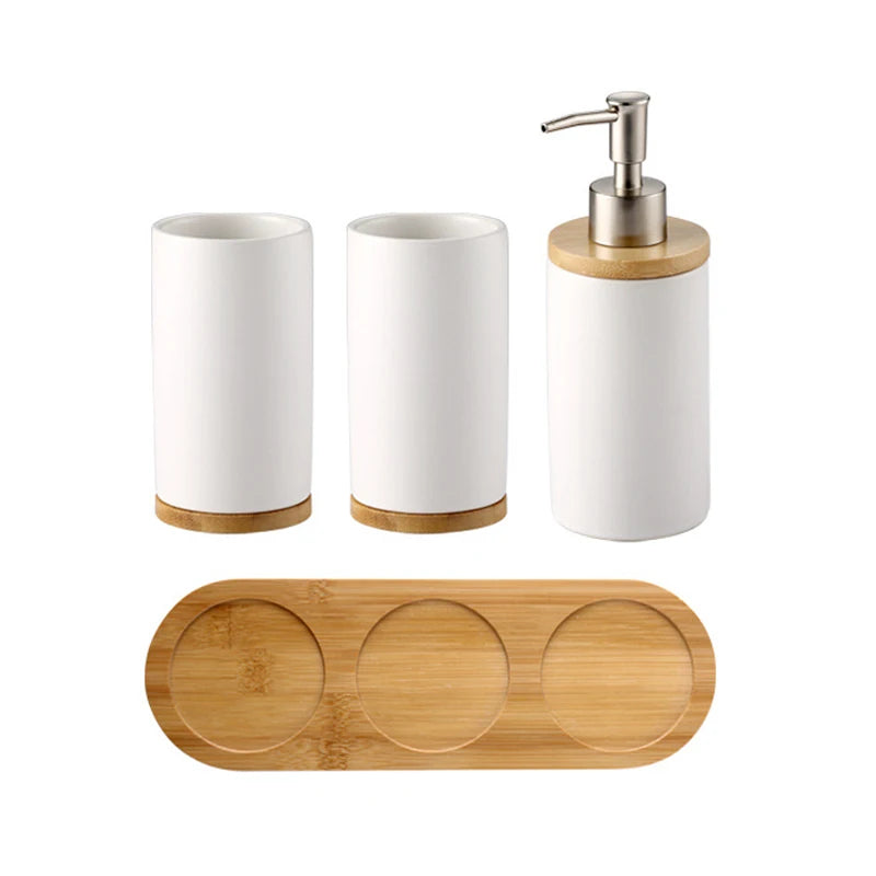 Matte ceramic soap dispenser set on bamboo tray – dispenser and 2 tumblers, white – ShowerNest Australia