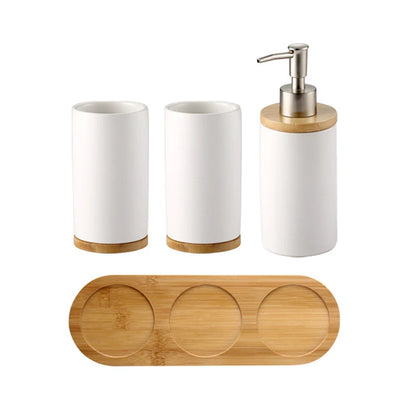 Matte ceramic soap dispenser set on bamboo tray – dispenser and 2 tumblers, white – ShowerNest Australia
