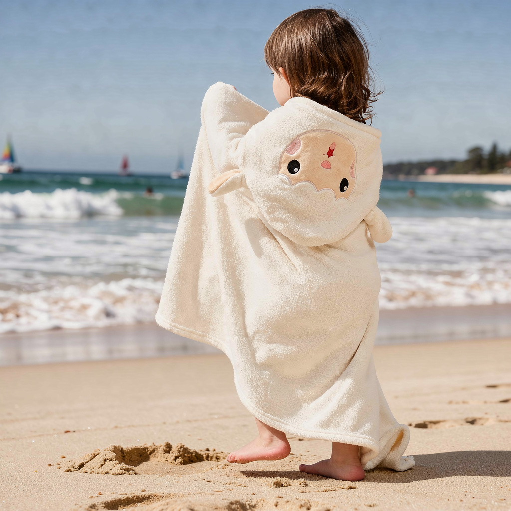 Toddler in a white sheep hooded towel by the sea – ShowerNest Australia