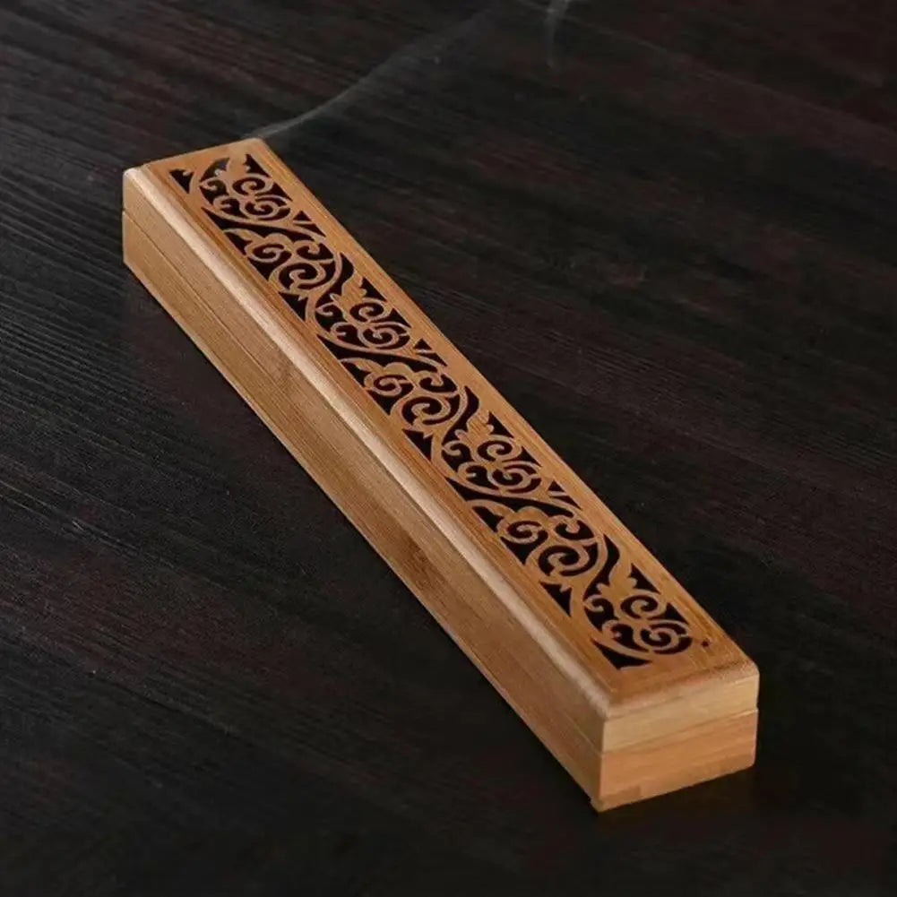 Bamboo incense holder box with carved lid third view – ShowerNest Australia