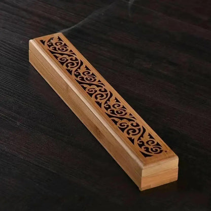 Bamboo incense holder box with carved lid third view – ShowerNest Australia