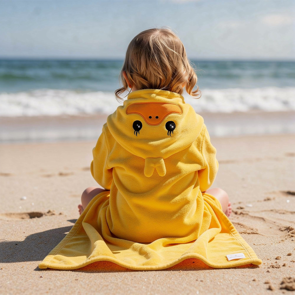 Baby in a yellow duck hooded towel on the beach, back view – ShowerNest Australia