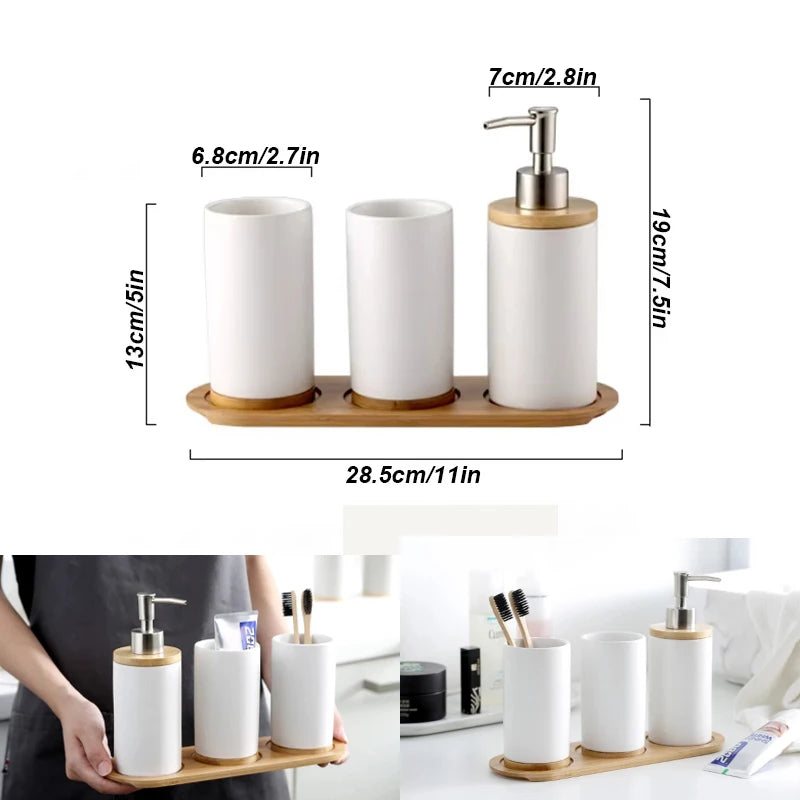 Matte ceramic soap dispenser set on bamboo tray sixth view – ShowerNest Australia