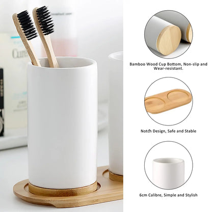 Matte ceramic soap dispenser set on bamboo tray second view – ShowerNest Australia