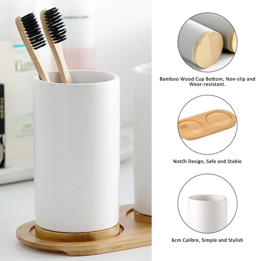Matte ceramic soap dispenser set on bamboo tray second view – ShowerNest Australia