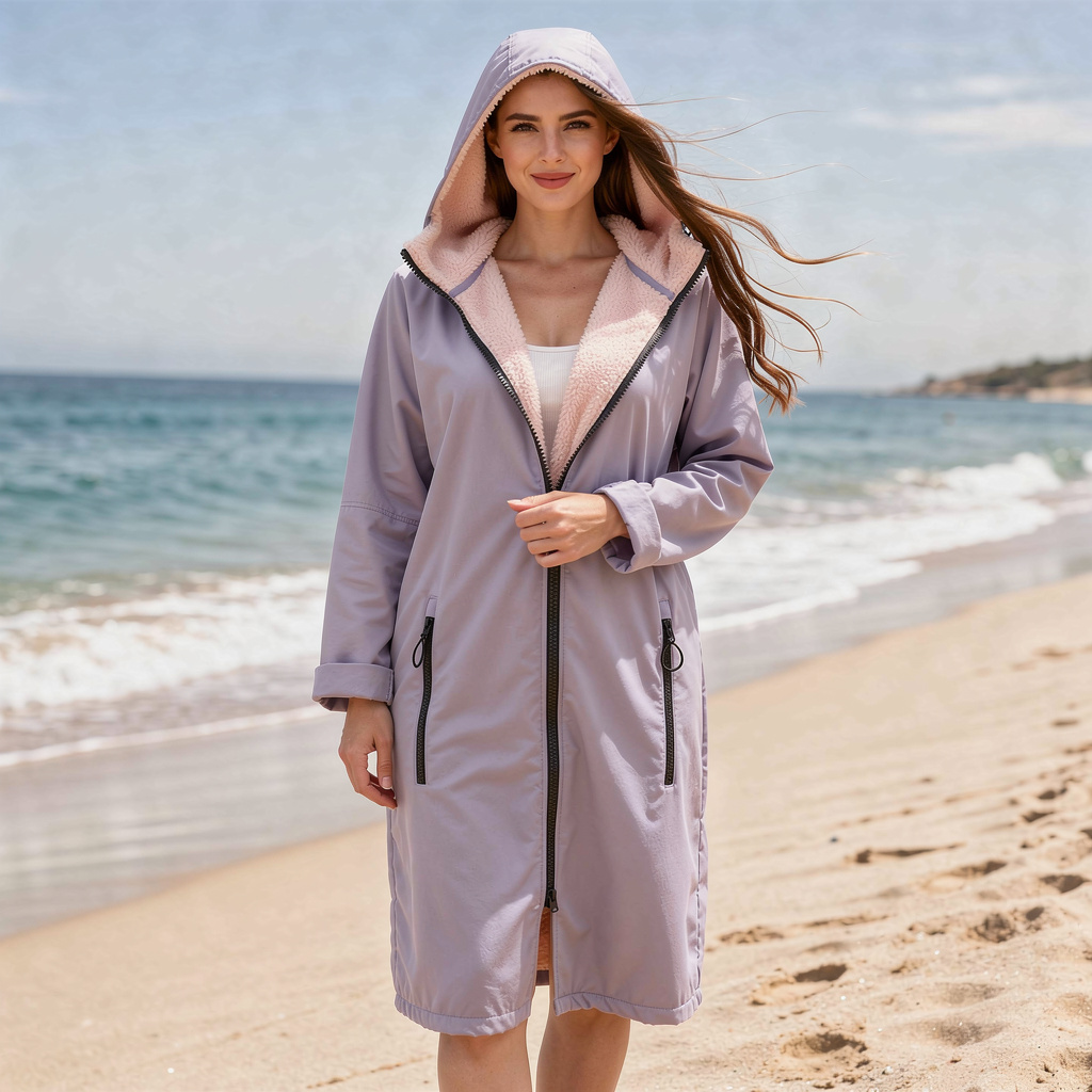 Woman wearing a lilac surf changing robe on the beach – ShowerNest Australia